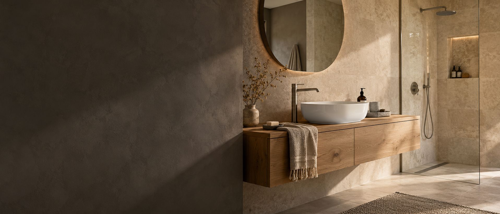 Badezimmer mit bodengleicher Dusche und Waschtisch